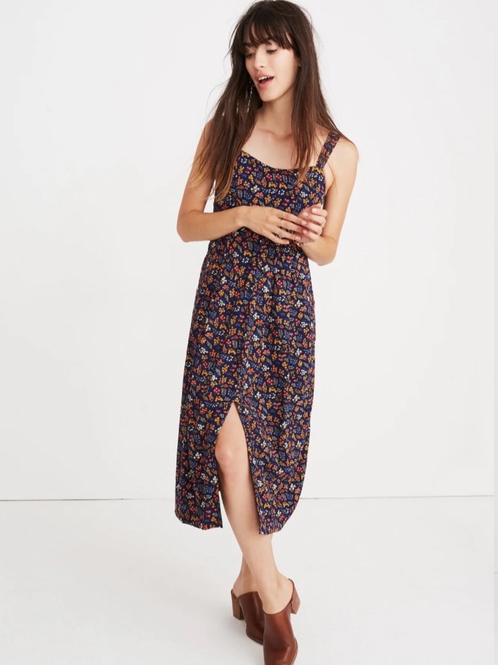 Madewell Navy Floral Midi Dress with Slit